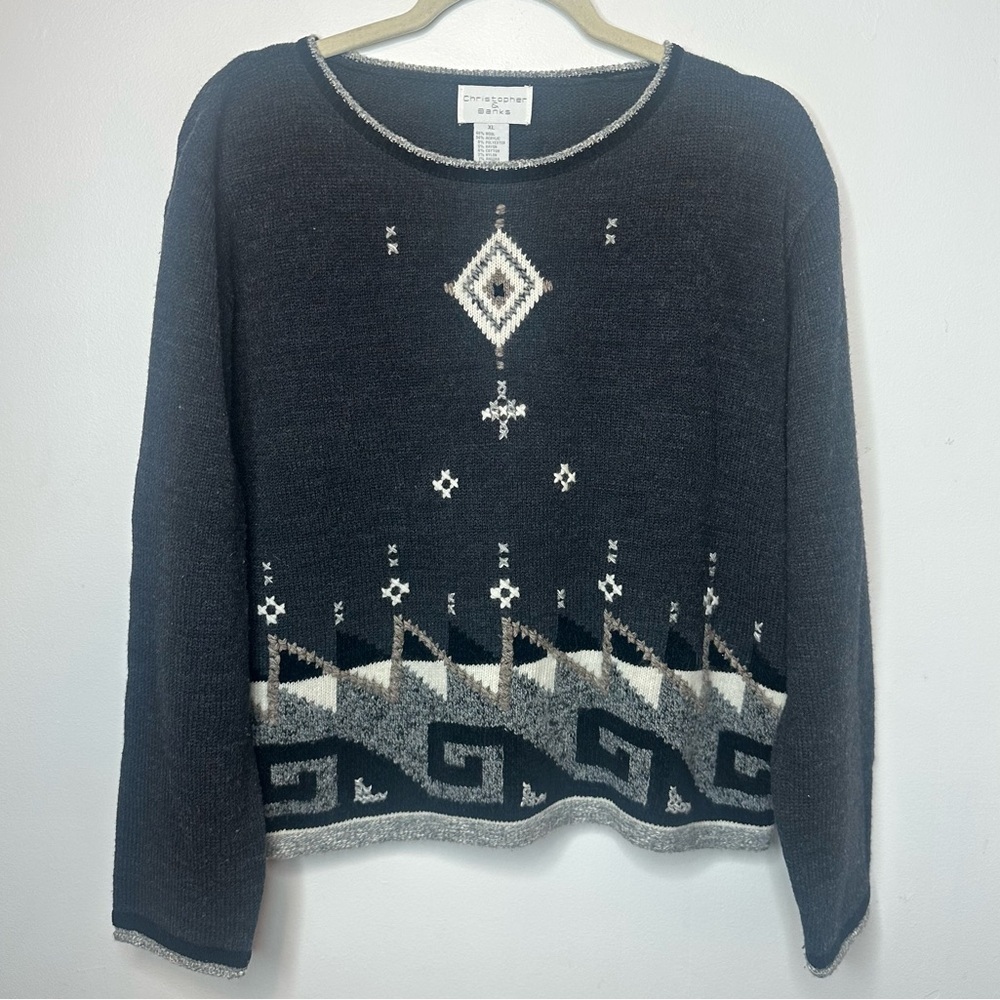 Christopher & Banks Vintage Aztec Southwestern Sweater Size XL Gray Wool Blend